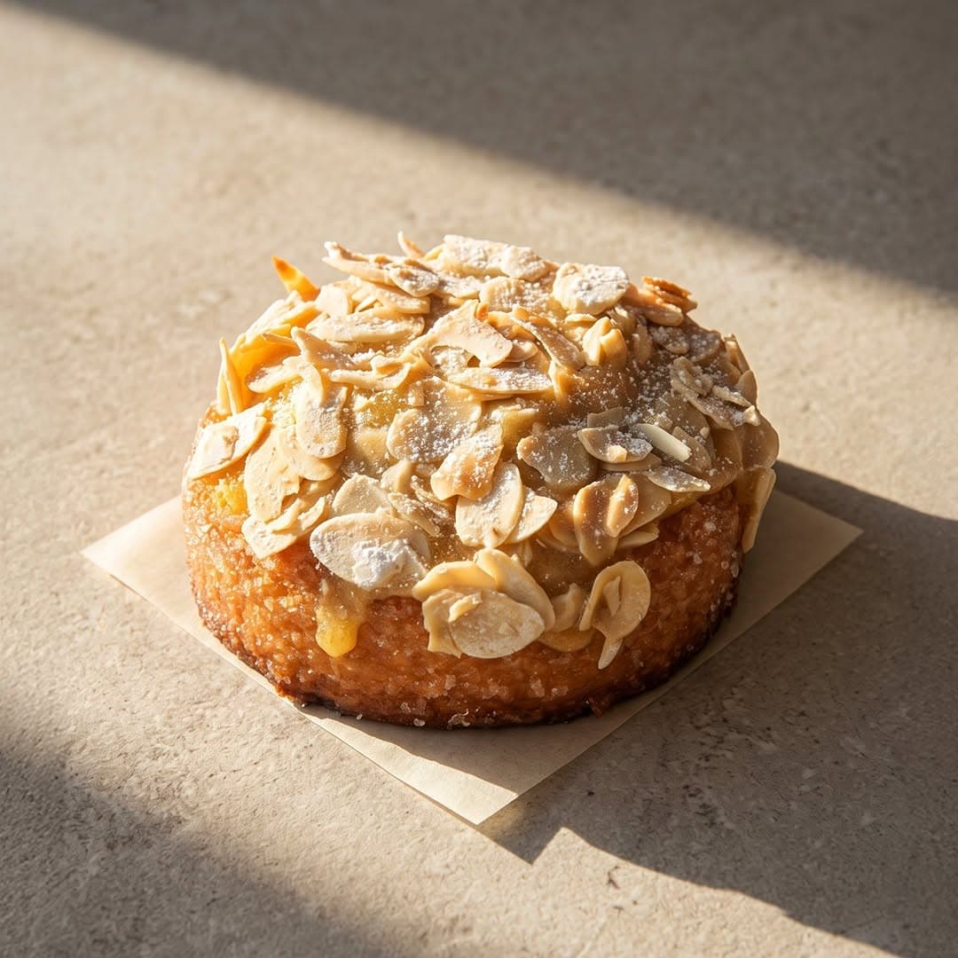 Almond Frangipane kouign amann crowded with flaked almonds