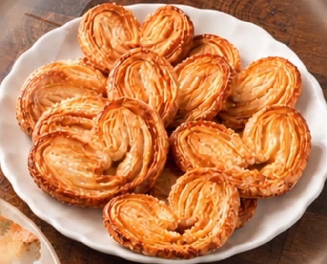A plate of heart-shaped palmier biscuits