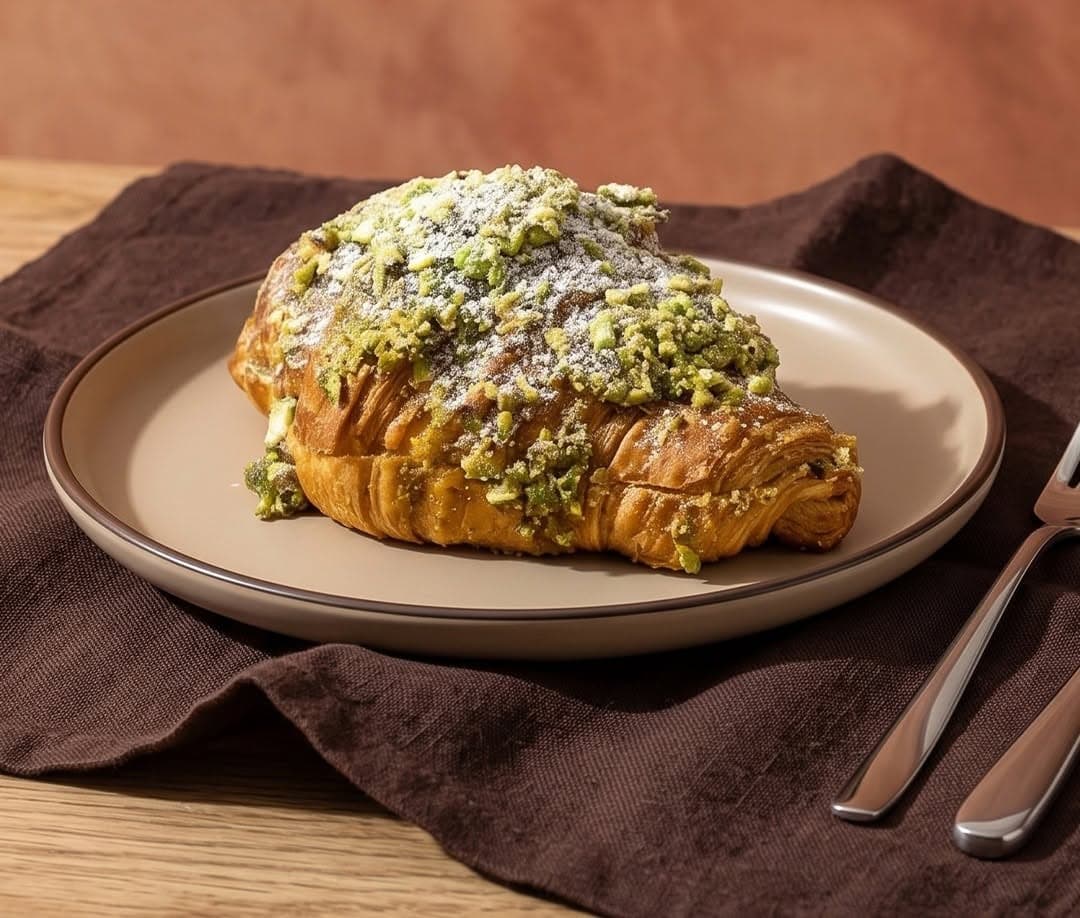 Pistachio Frangipane croissant on a plate