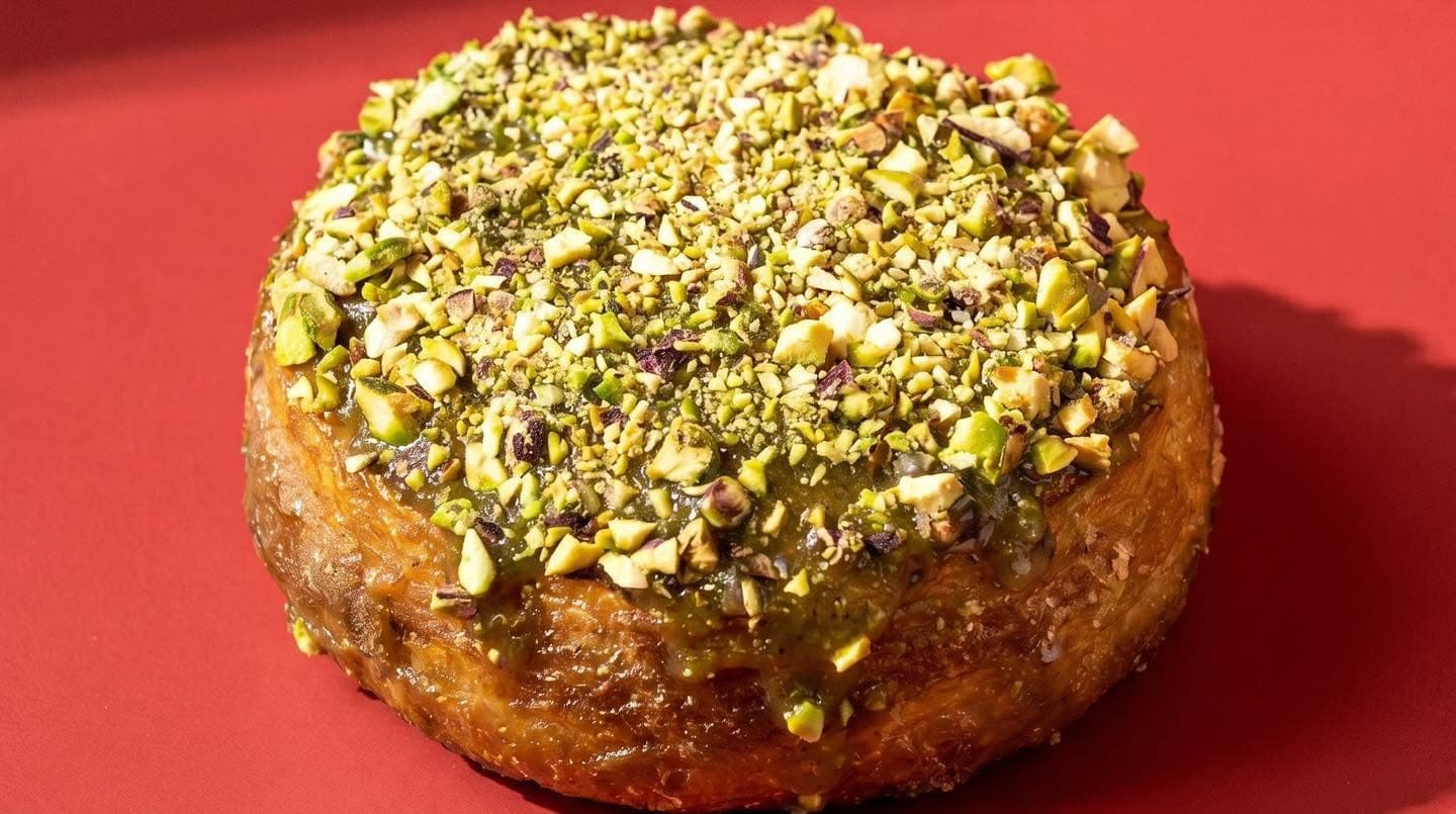 Pistachio Frangipane kouign amann on a red surface, covered in chopped pistachio