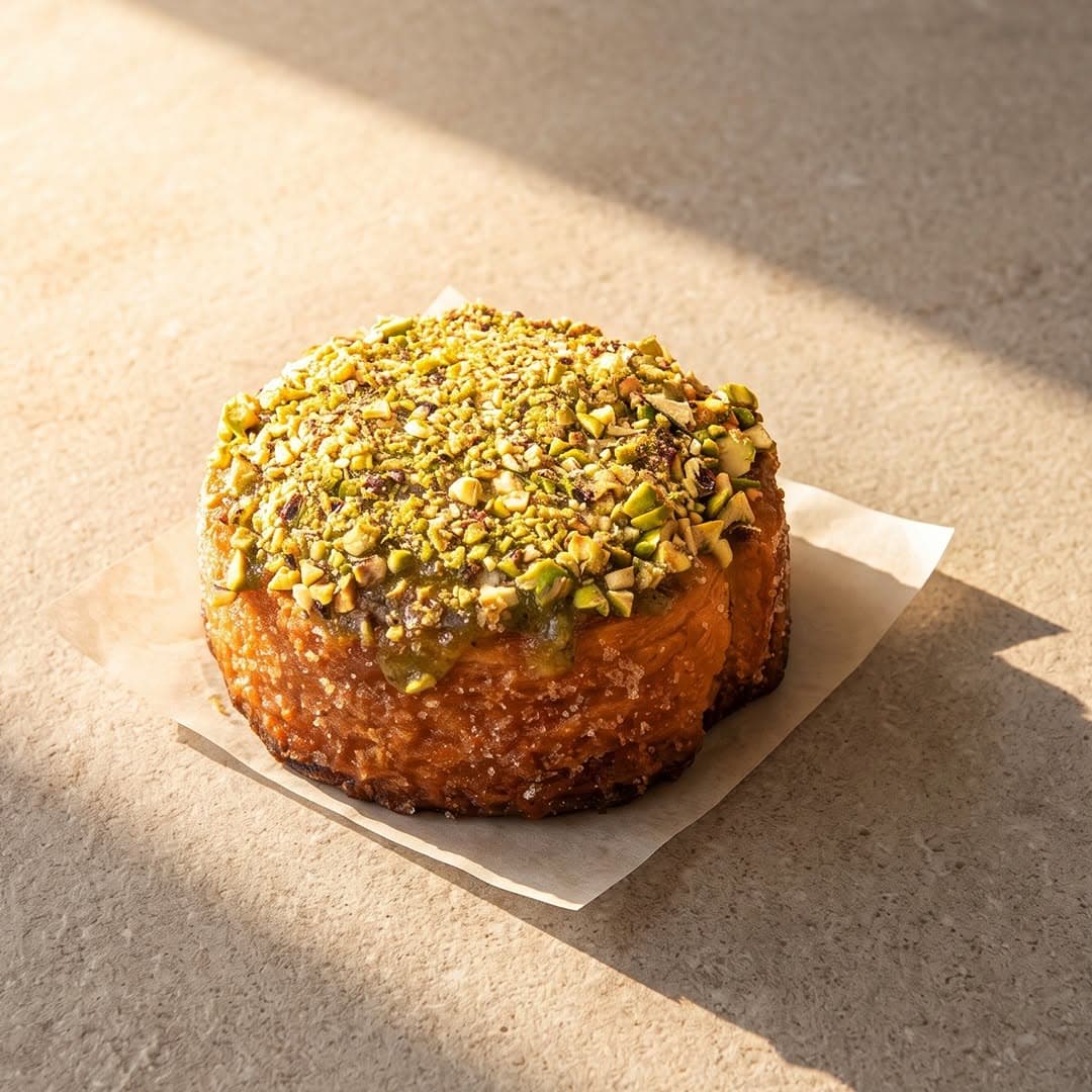 Pistachio Frangipane kouign amann topped with chopped pistachio