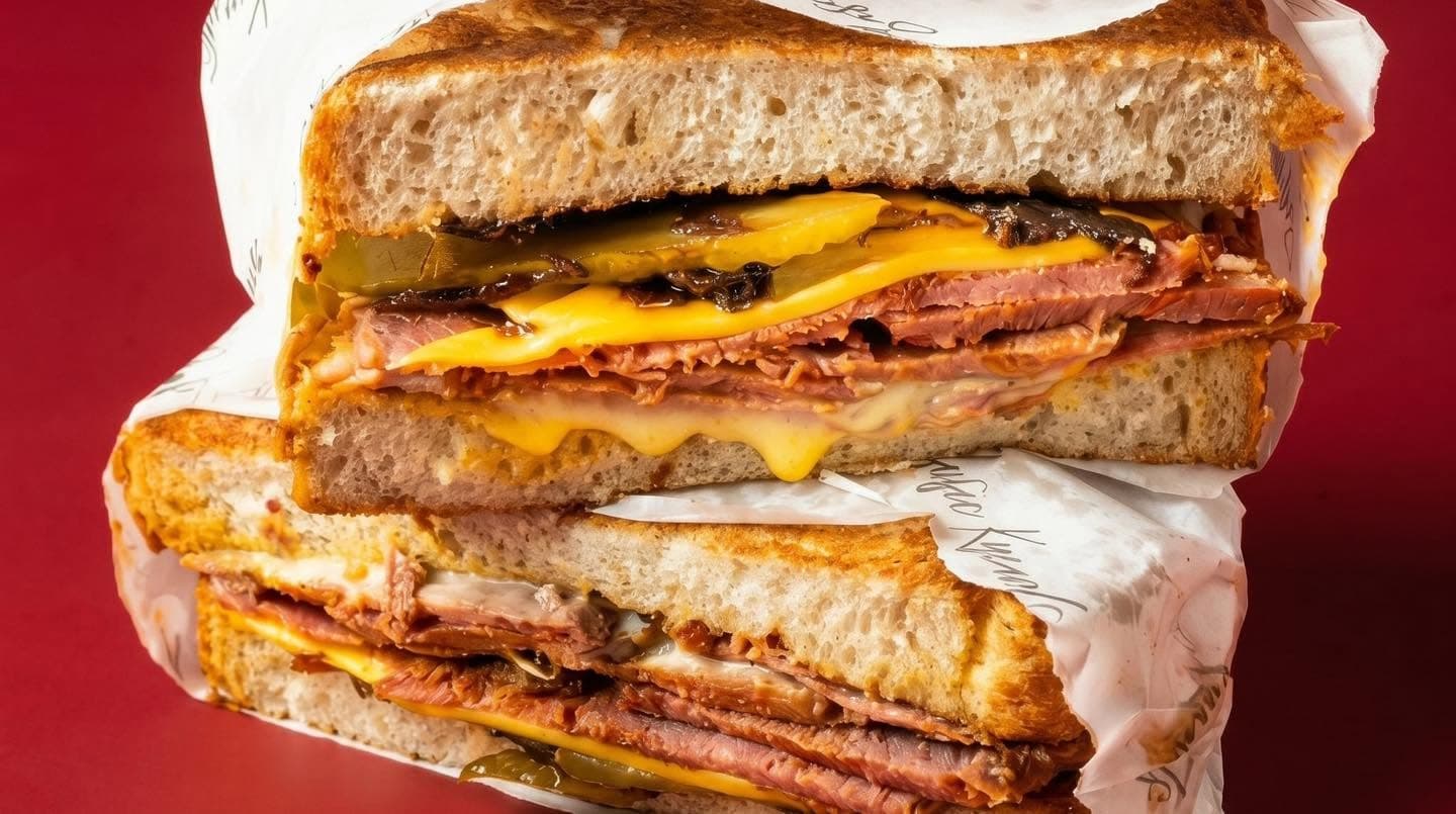 Two halves of a Ragi Reuben stacked in their paper wrap, smoked beef and melted cheese showing