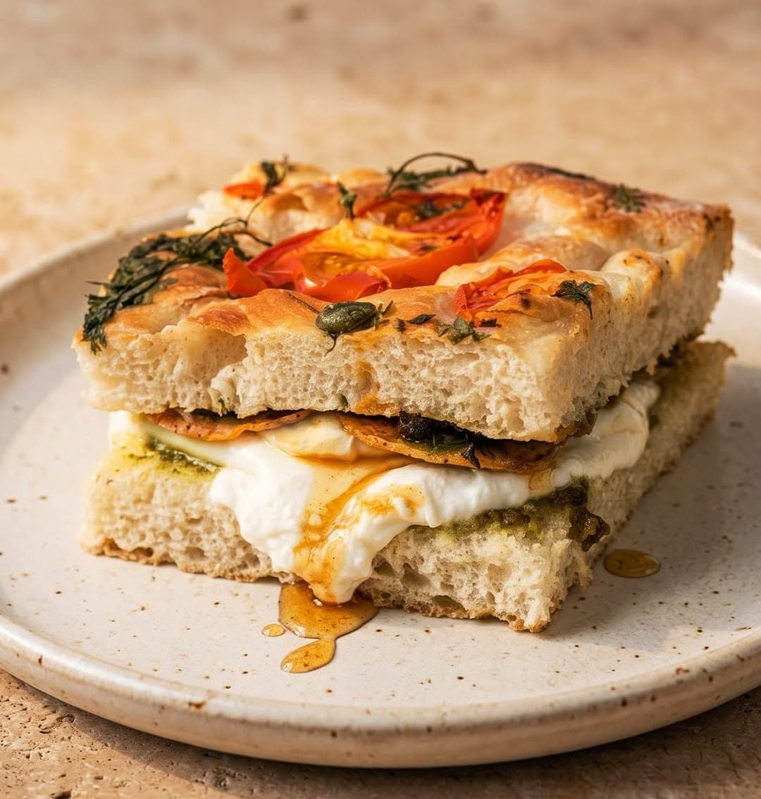 Roman Holiday: focaccia sandwich with burrata and hot honey on a speckled plate