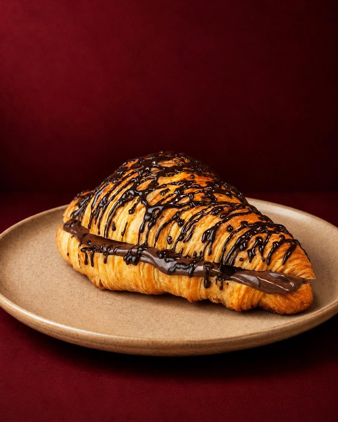 A croissant split and filled with chocolate ganache, drizzled with more chocolate
