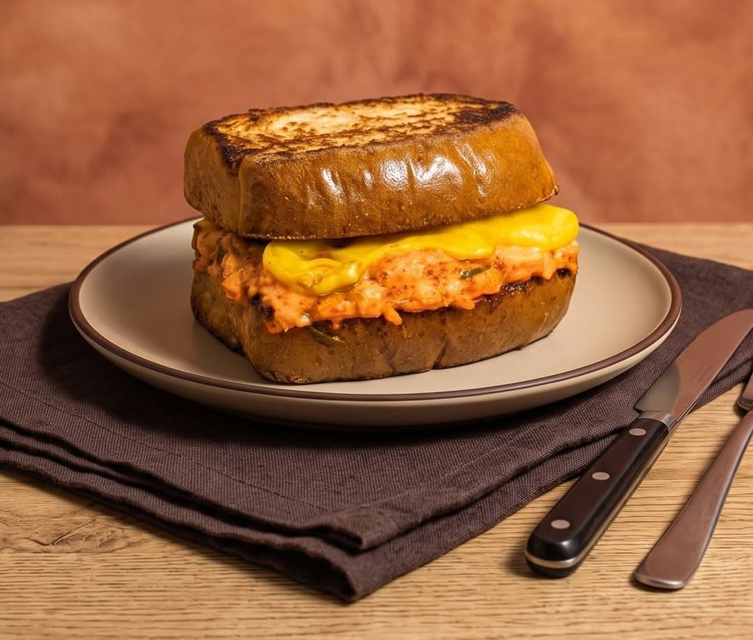 Kimchi Tuna Melt on a plate, cheddar melting over the tuna